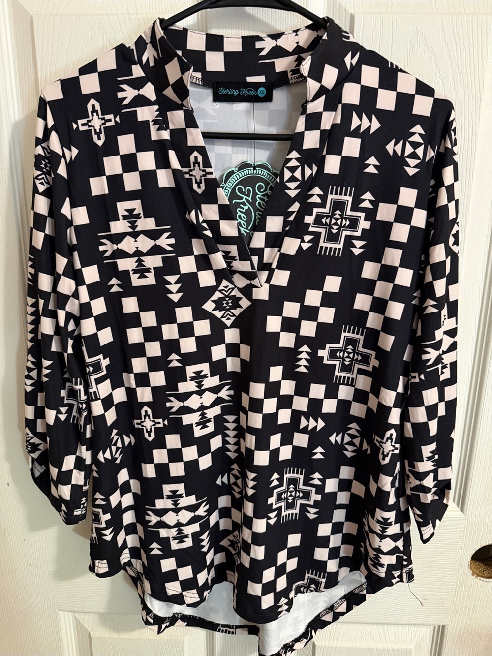 Shirley & Cher Black and Cream Geometric V-Neck Tunic